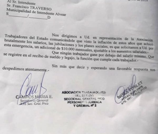 ATE mandó nota al intendente Traverso: pide adicional de 10 mil pesos
